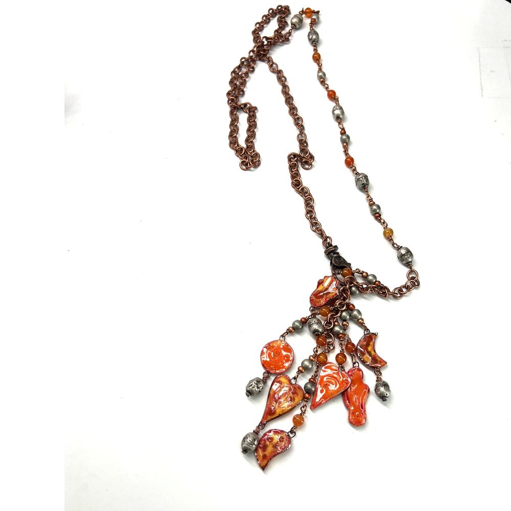 artisan- handcrafted beaded necklace fringe heart pendant orange charms 21"